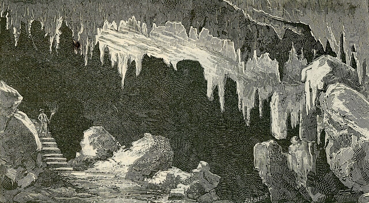 Grotte di Bossea: la sala del Baldacchino (incisione dell'Ottocento)