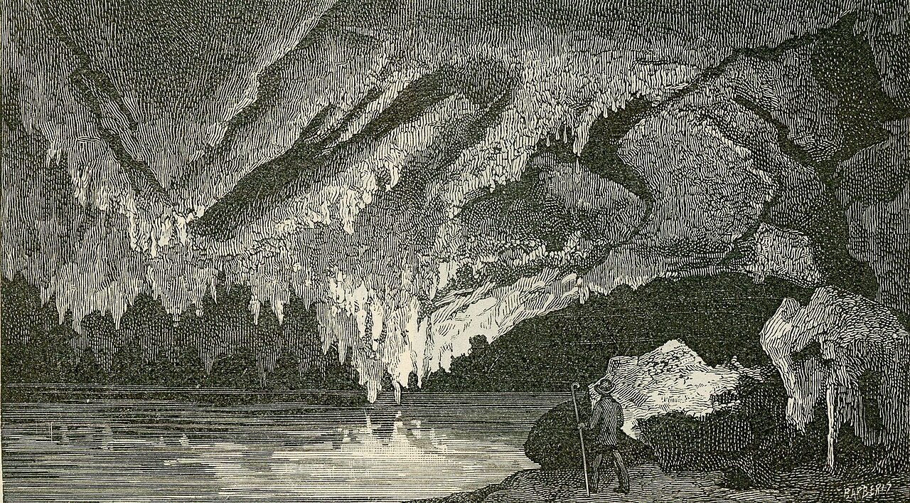 Grotte di Bossea: il lago di Ernestina in un'incisione dell'Ottocento
